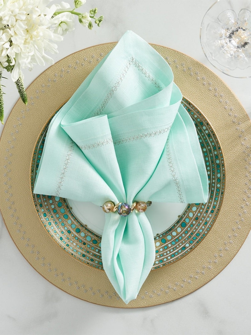 Kim Seybert - Fran Linen Embroidered Napkin Set (4) - Seafoam Green NWT